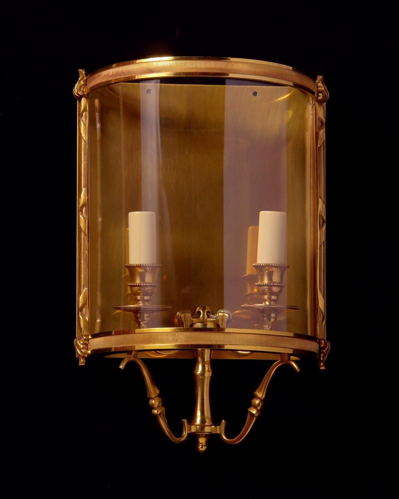 Louis XVI Style Gilded Bronze and Glass Two Light Wall Lantern.