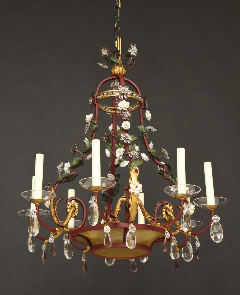 Polychrome And Gilt Iron Eight Arm Twelve Light Chandelier With