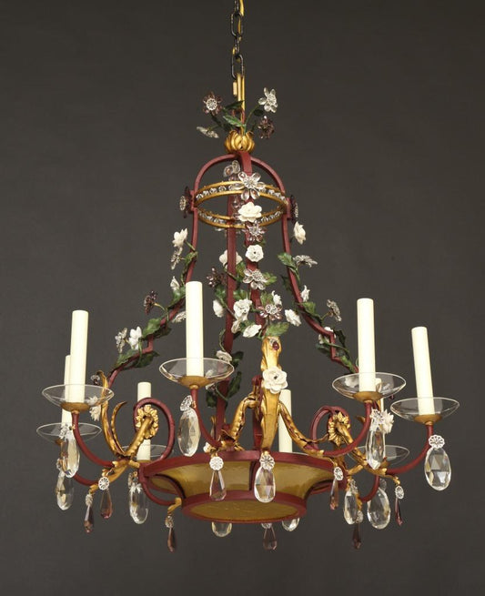 Polychrome And Gilt Iron Eight Arm Twelve Light Chandelier With