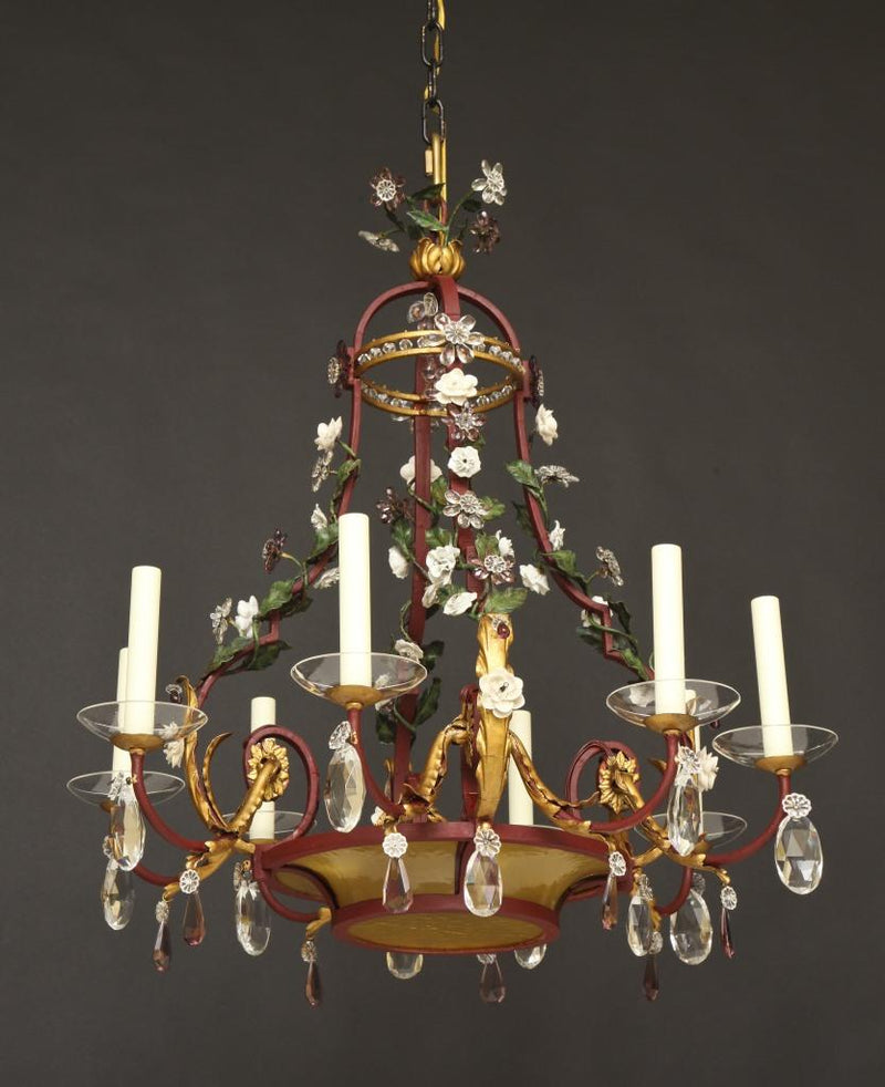 Polychrome And Gilt Iron Eight Arm Twelve Light Chandelier With