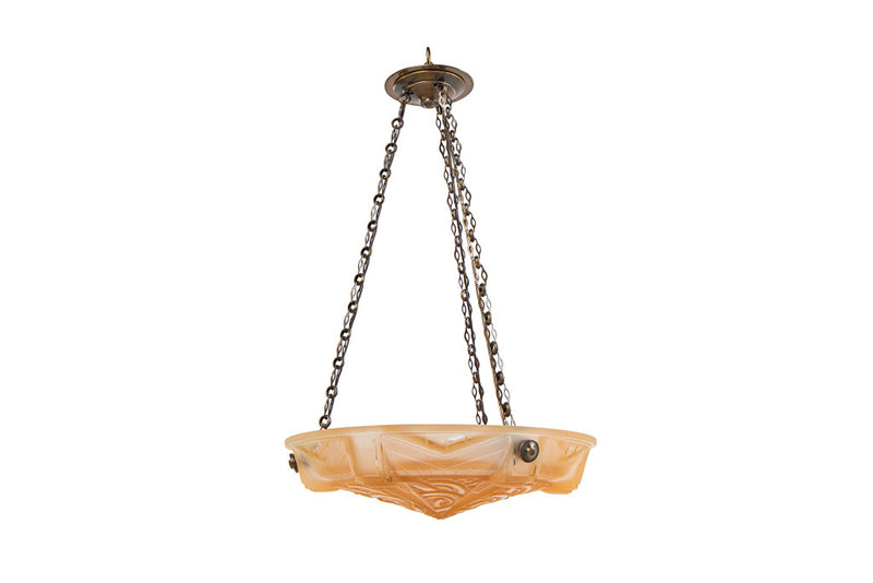 Molded Glass Peach Colored  Art Deco Three Light Pendant With Ge