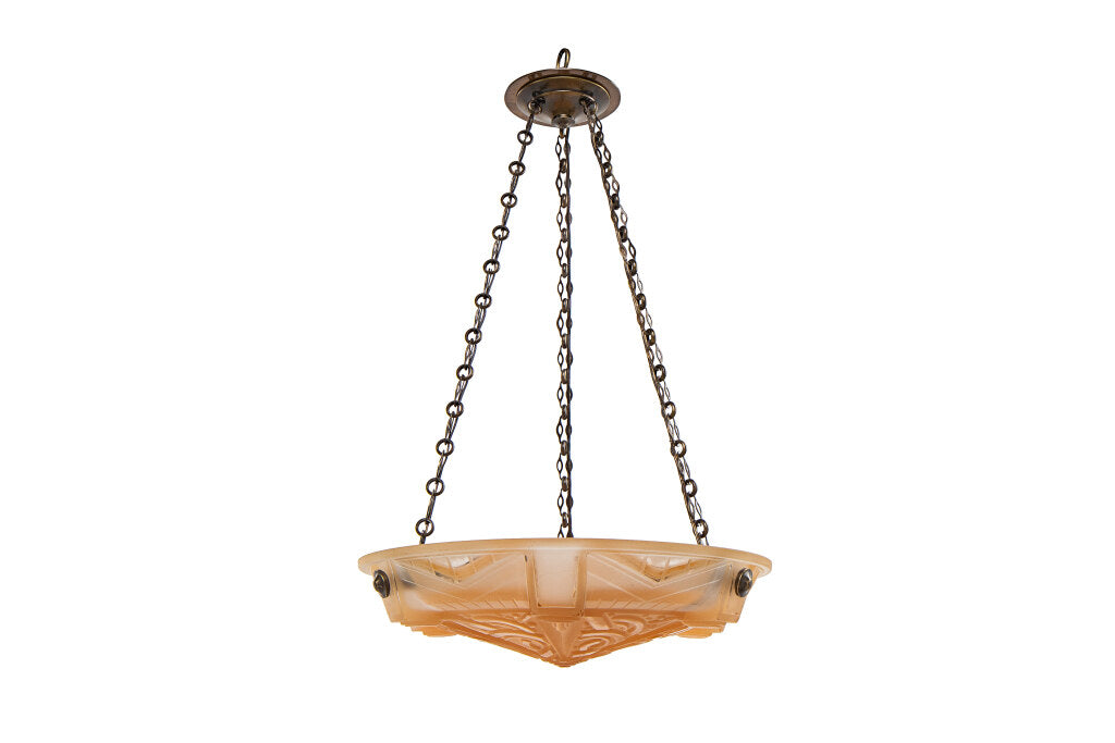 Molded Glass Peach Colored  Art Deco Three Light Pendant With Ge Default