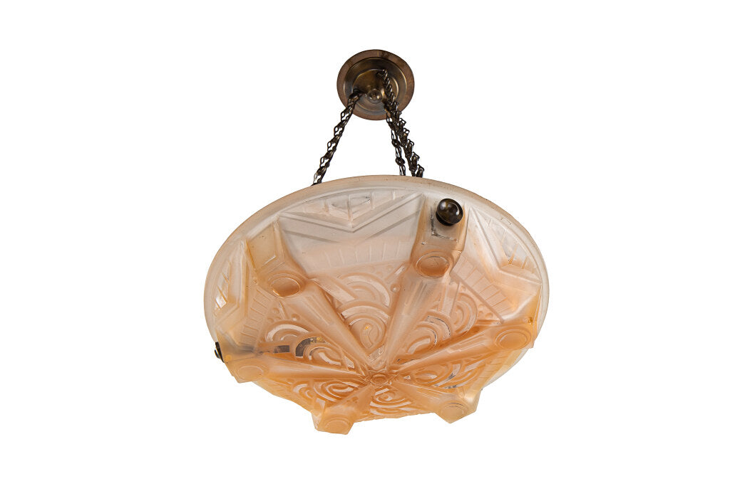 Molded Glass Peach Colored  Art Deco Three Light Pendant With Ge Default