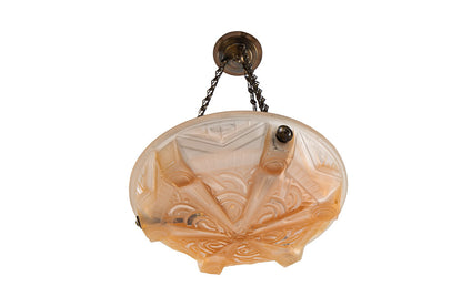 Molded Glass Peach Colored  Art Deco Three Light Pendant With Ge Default