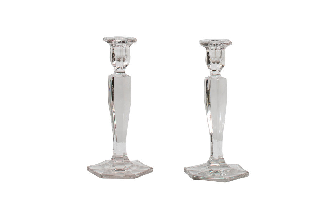 Pressed Glass Hexagonal Shaped Candlesticks, England 19th Century Default