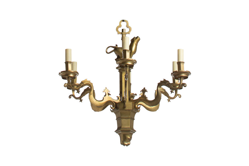 Brass Gothic Style Lion And Dragon Motif Five Light Chandelier, Default