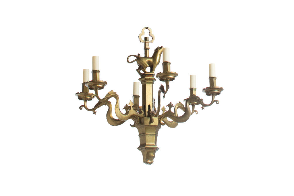 Brass Gothic Style Lion And Dragon Motif Five Light Chandelier, Default