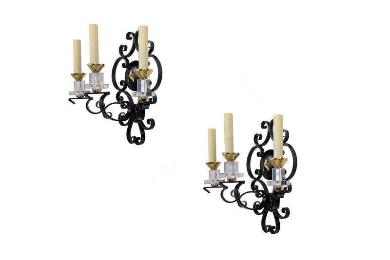 Painted Iron, Brass And Glass Three Light Sconces, France 20th C