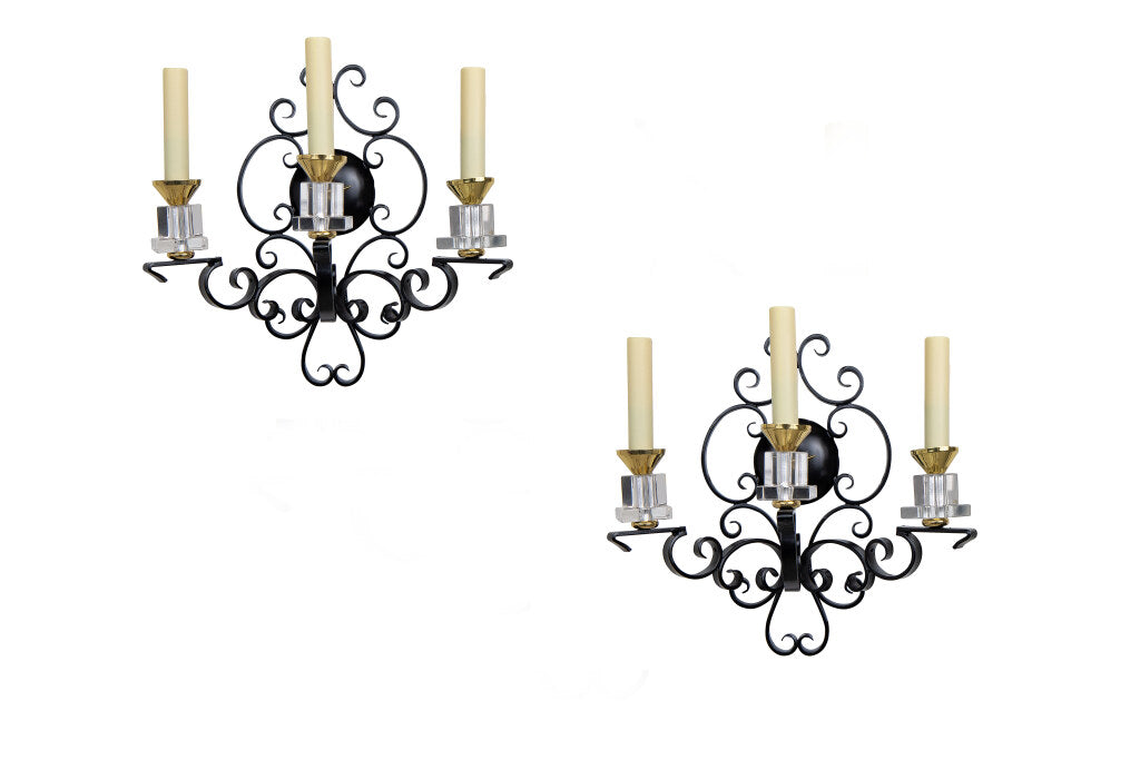 Painted Iron, Brass And Glass Three Light Sconces, France 20th C Default