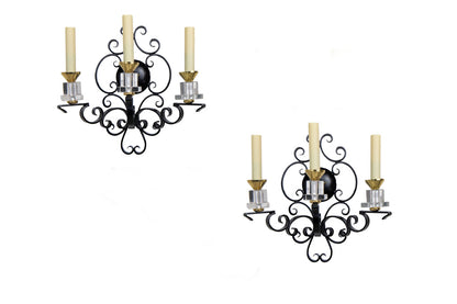 Painted Iron, Brass And Glass Three Light Sconces, France 20th C Default