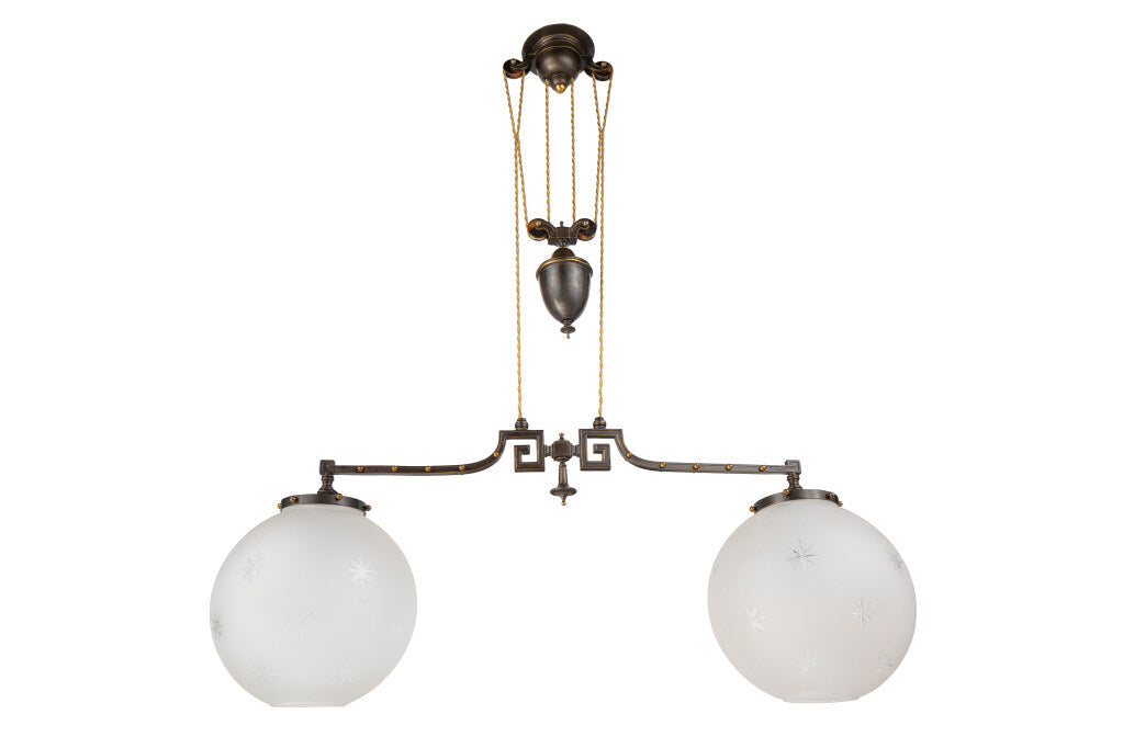 Patinated Brass And Etched Glass Rise And Fall Pendant, England Default