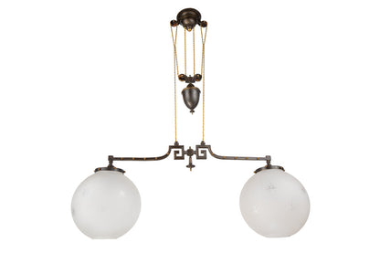 Patinated Brass And Etched Glass Rise And Fall Pendant, England Default