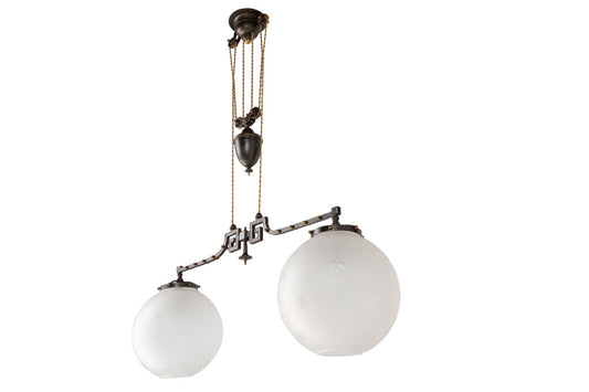 Patinated Brass And Etched Glass Rise And Fall Pendant, England Default