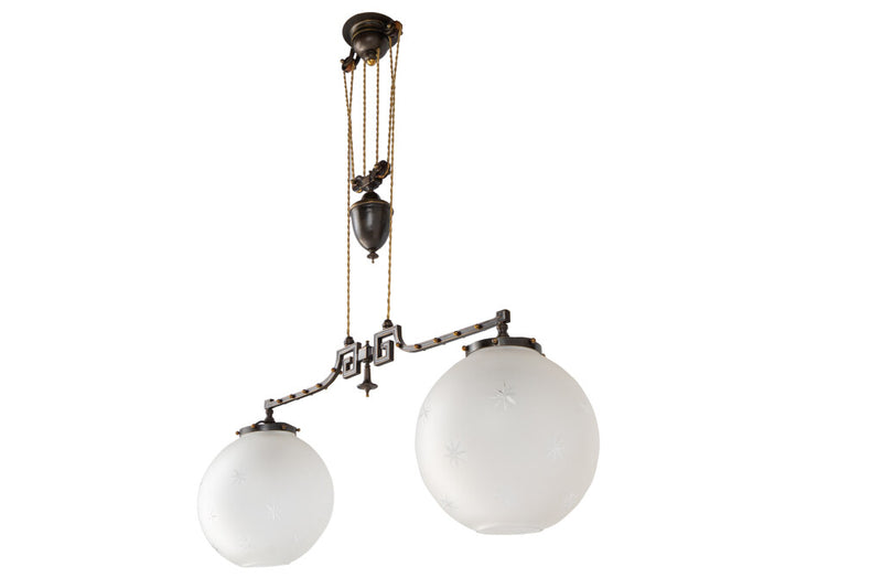 Patinated Brass And Etched Glass Rise And Fall Pendant, England