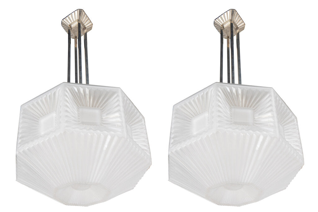 Molded Glass and Nickeled Bronze Art Deco One Light Pendants by Default