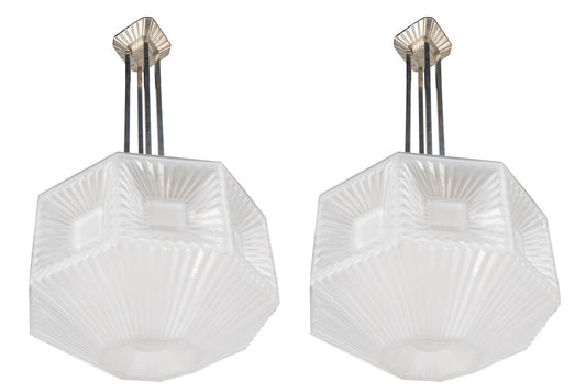 Molded Glass and Nickeled Bronze Art Deco One Light Pendants by Default