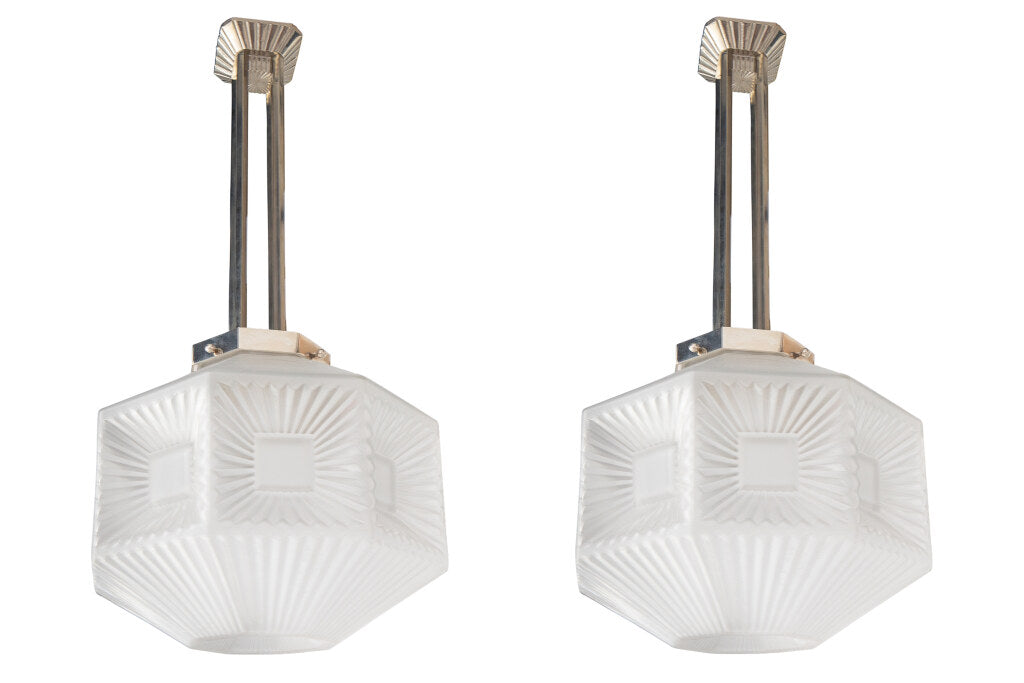 Molded Glass and Nickeled Bronze Art Deco One Light Pendants by Default