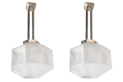 Molded Glass and Nickeled Bronze Art Deco One Light Pendants by Default