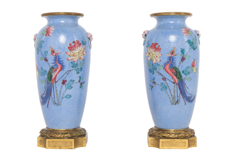Blue Porcelain Decorated Vases With French Gilt Bronze Mounts, China 19th Century
