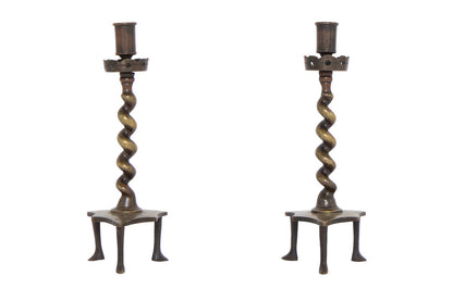 Rare Bronze Spiral Columnar Shape Candlesticks On Footed Bases, Default