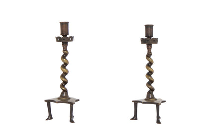 Rare Bronze Spiral Columnar Shape Candlesticks On Footed Bases, Default