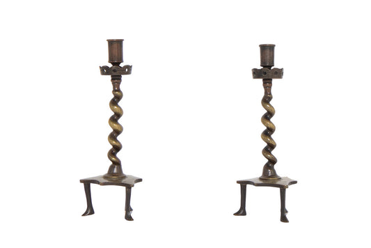 Rare Bronze Spiral Columnar Shape Candlesticks On Footed Bases, Default