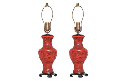 Red Cinnabar Vase Lamps Mounted On Wooden Bases, China 19th Cent Default