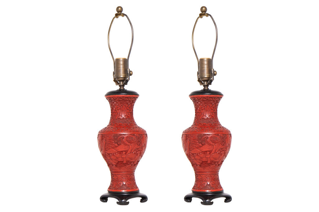 Red Cinnabar Vase Lamps Mounted On Wooden Bases, China 19th Cent Default