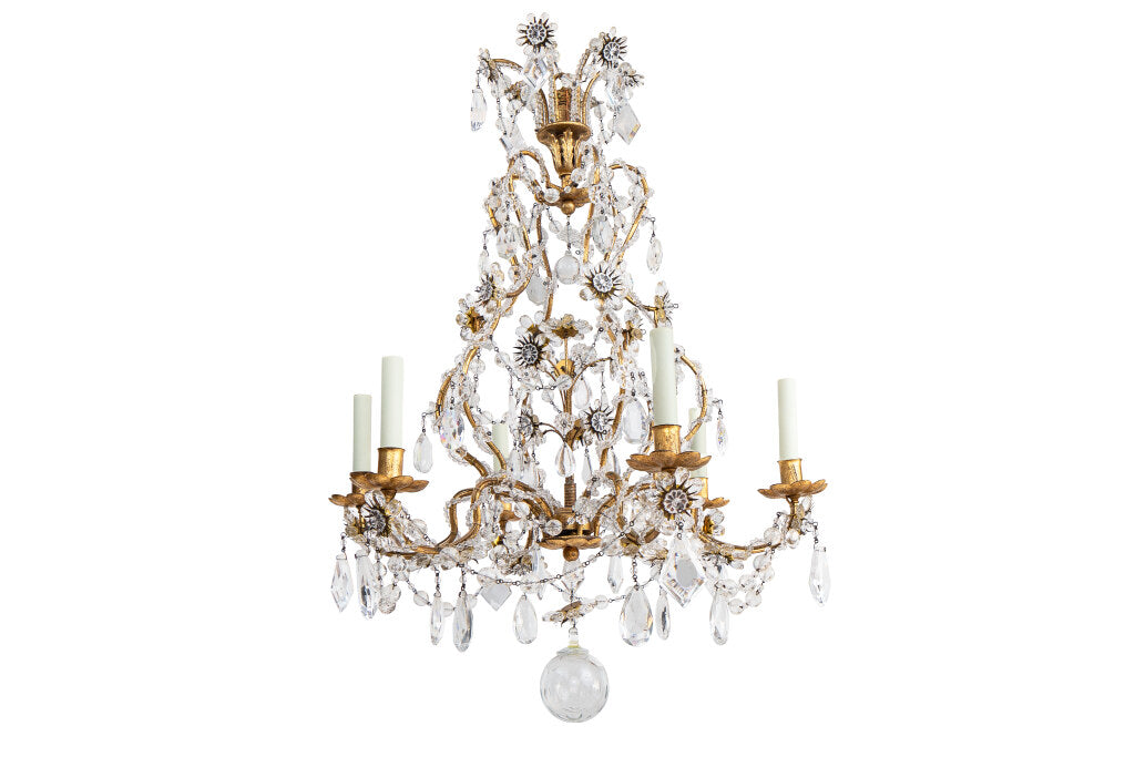Gilt Iron And Crystal  Genoese Style Cage Form Six Light  Chande Default