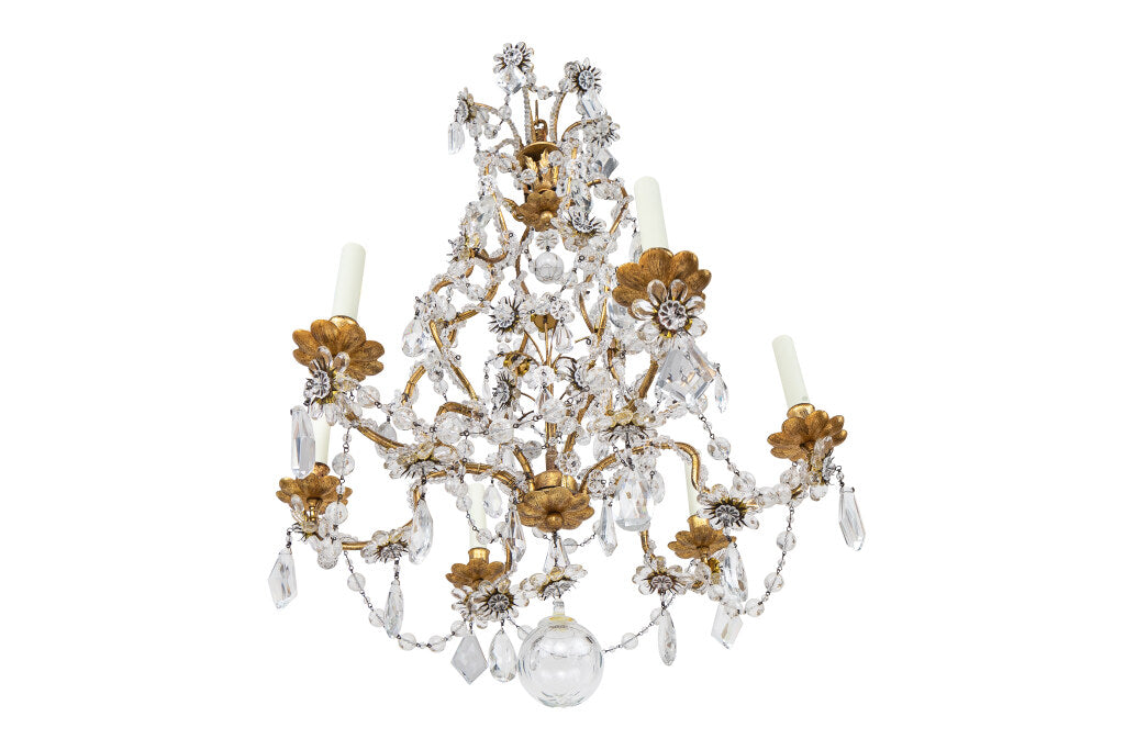 Gilt Iron And Crystal  Genoese Style Cage Form Six Light  Chande Default