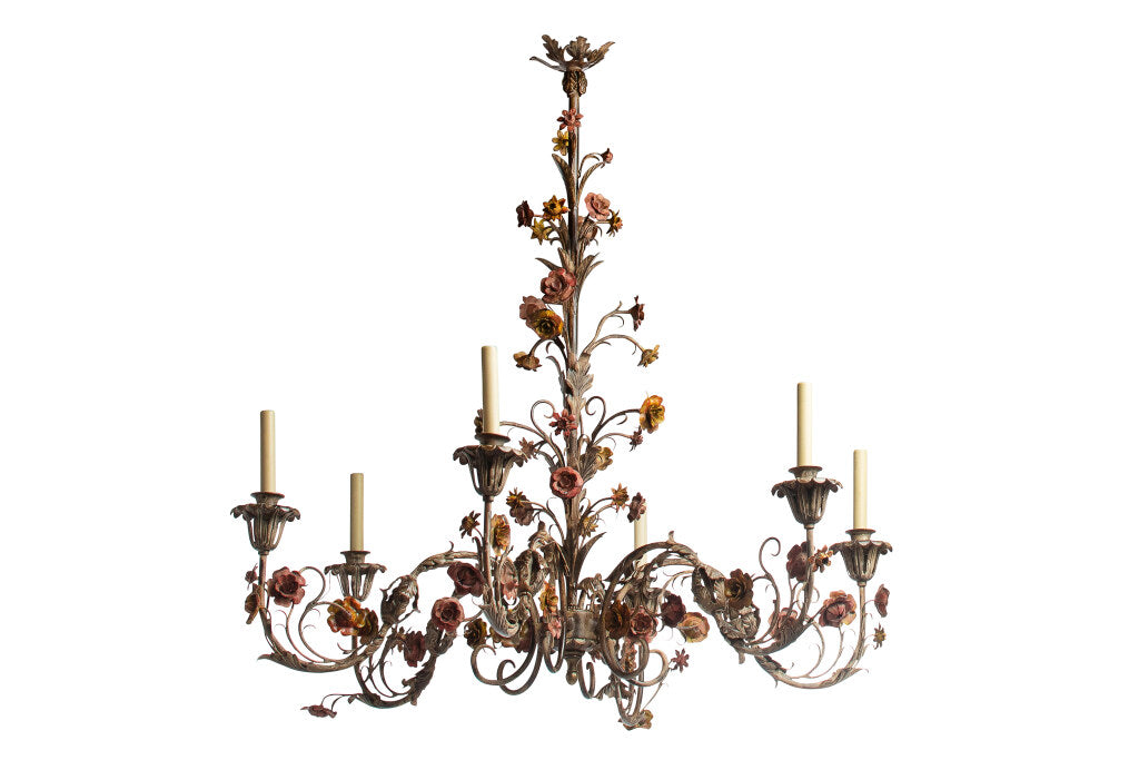 Polychrome And Patinated Iron Five Light Floral Chandelier Default