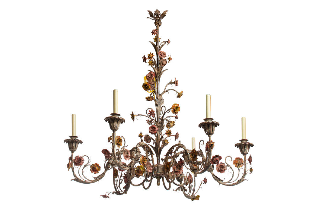 Polychrome And Patinated Iron Five Light Floral Chandelier Default