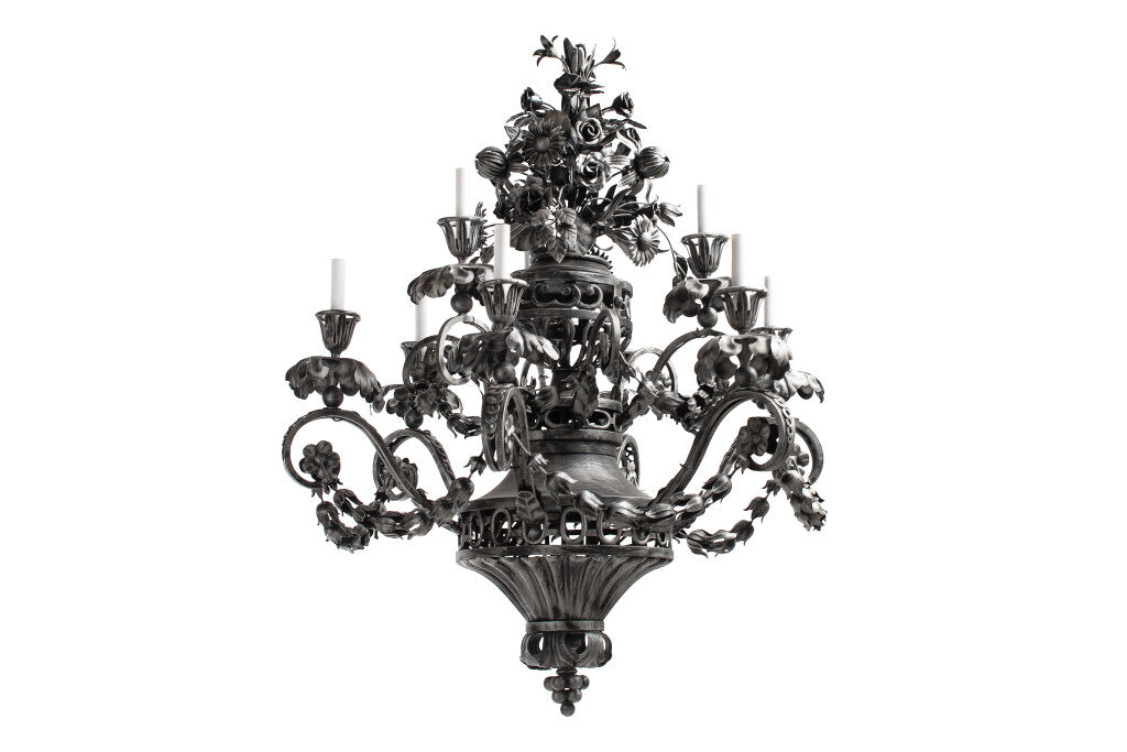 Painted Iron Floral Bouquet Motif Six Light Chandelier Default