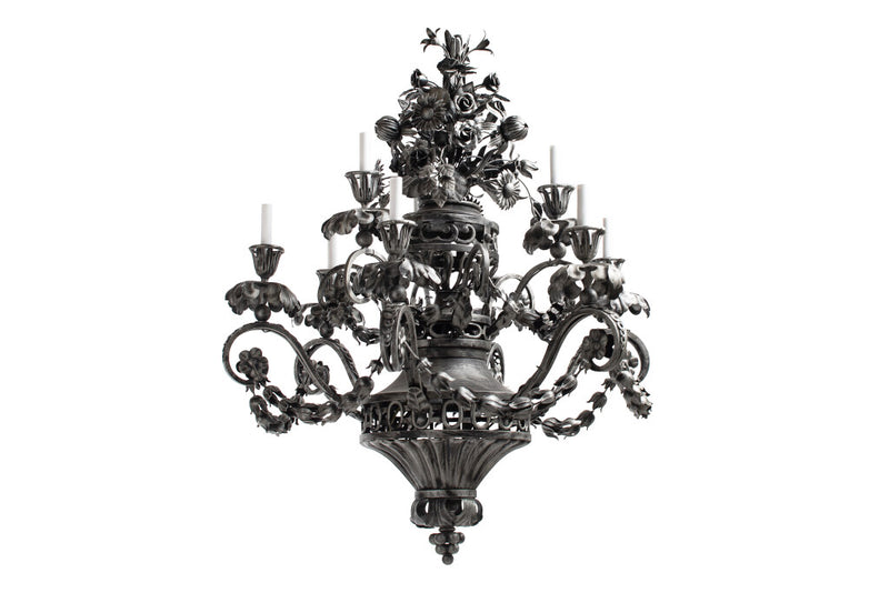 Painted Iron Floral Bouquet Motif Six Light Chandelier
