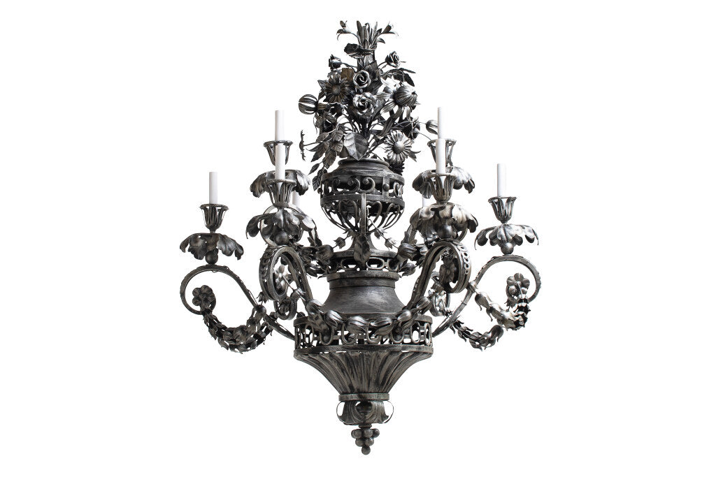 Painted Iron Floral Bouquet Motif Six Light Chandelier Default