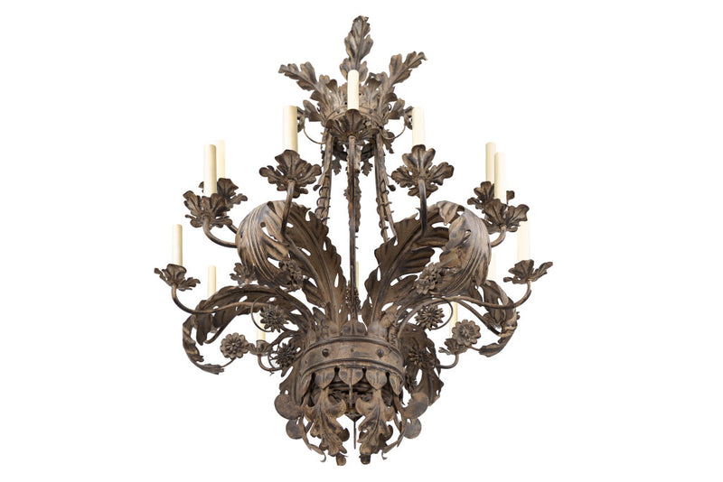 Polychrome Iron Two Tiered  Eighteen Light Chandelier With Acant