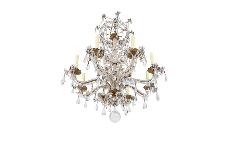 Gilt Iron, Clear And Amethyst Beaded Crystals Eight Light Chande