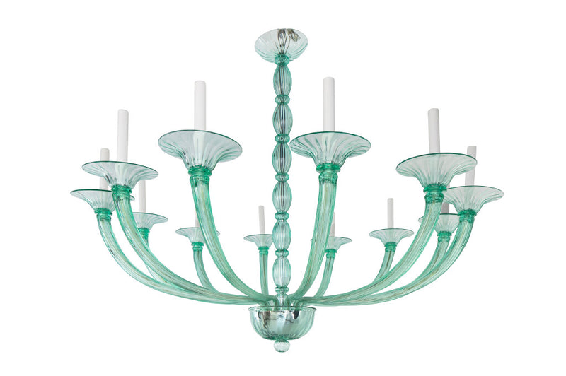 Venetian Green Glass Art Deco Style Twelve Light Chandelier