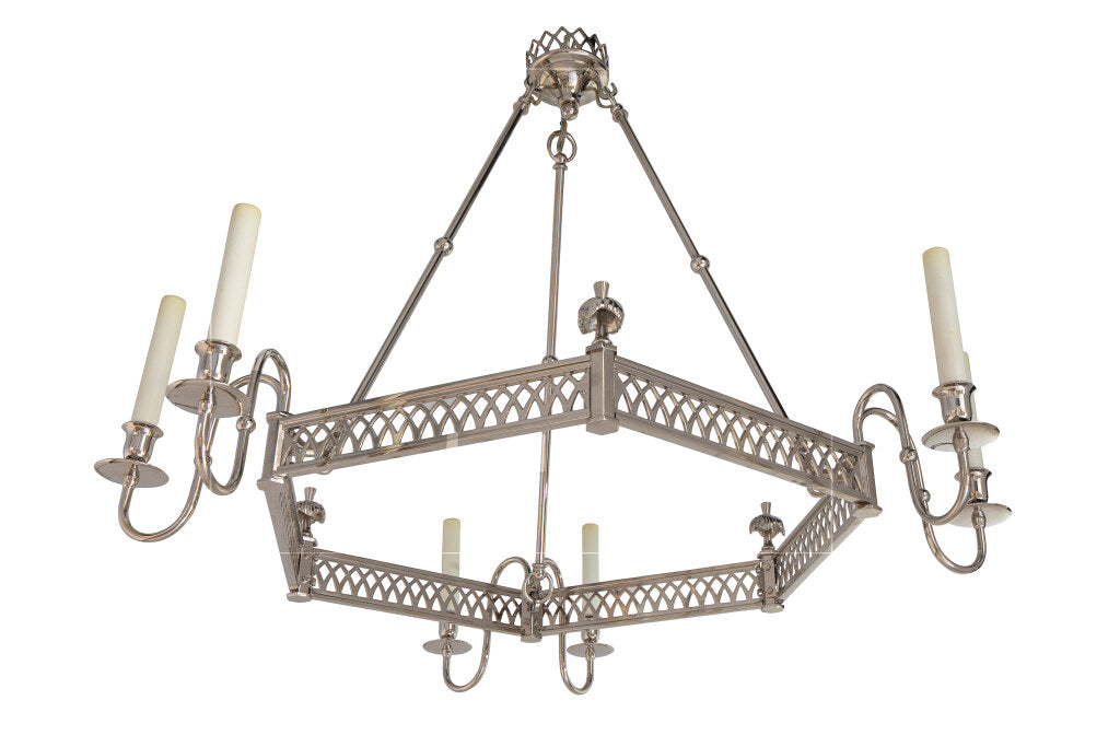 Nickeled Brass Hexagonal Six Light Chandelier With Fret Work Gal Default