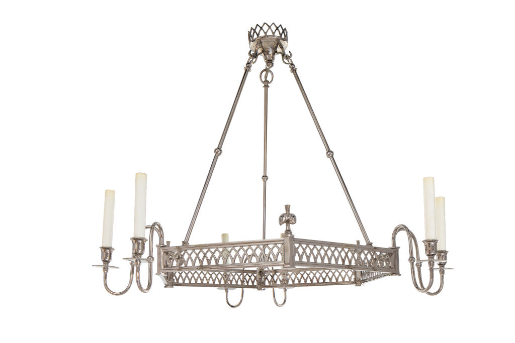 Nickeled Brass Hexagonal Six Light Chandelier With Fret Work Gal Default