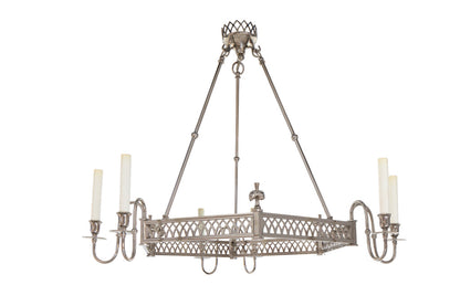 Nickeled Brass Hexagonal Six Light Chandelier With Fret Work Gal Default