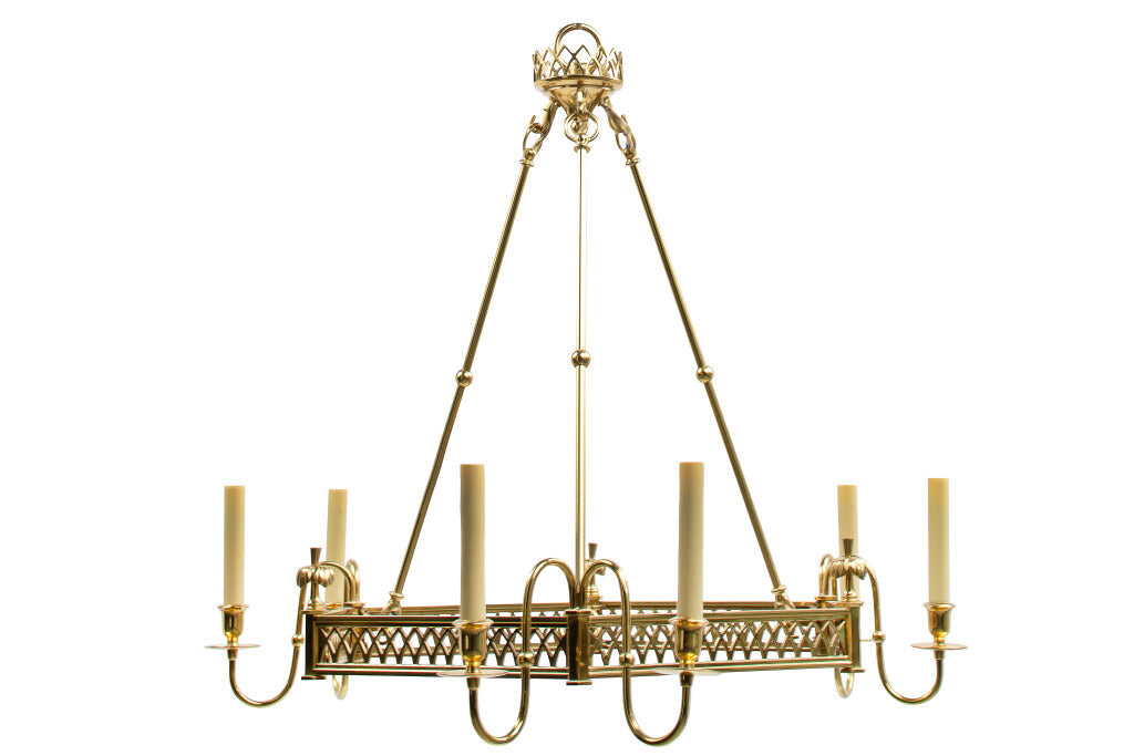 Nickeled Brass Hexagonal Six Light Chandelier With Fret Work Gal Default