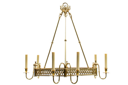 Nickeled Brass Hexagonal Six Light Chandelier With Fret Work Gal Default