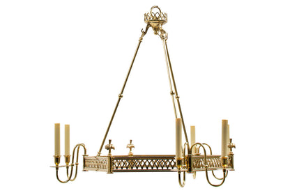 Nickeled Brass Hexagonal Six Light Chandelier With Fret Work Gal Default