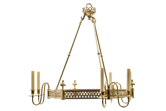 Nickeled Brass Hexagonal Six Light Chandelier With Fret Work Gal Default