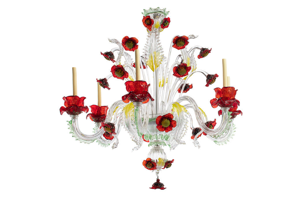 Venetian Glass  Multi Colored Poppy Motif Six Light Chandelier Default
