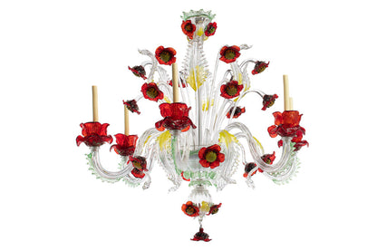 Venetian Glass  Multi Colored Poppy Motif Six Light Chandelier Default