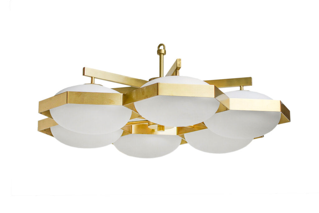 Brass And Satin Glass "FAVO" Six Light Honeycomb Motif Chandelier Default