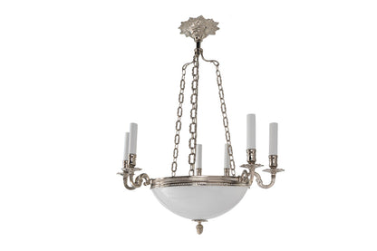 Nickeled Bronze And Opaline Glass Six Arm Nine Light Chandelier Default