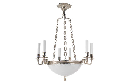 Nickeled Bronze And Opaline Glass Six Arm Nine Light Chandelier Default